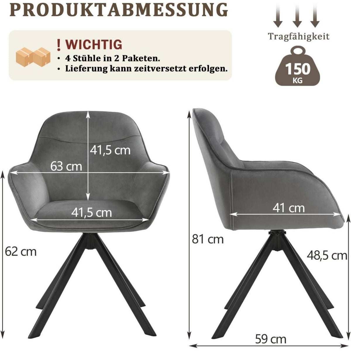 Drehbarer Esszimmerstuhl Set Dunkelgrau mit Armlehne