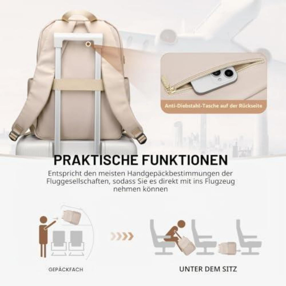 Laptop Rucksack Damen 16 Zoll – Wasserdichter Reiserucksack Beige