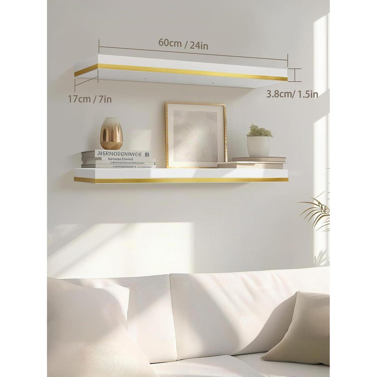 Wandregal Weiß Gold 2er-Set 60cm Schweberegal mit unsichtbarer Halterung