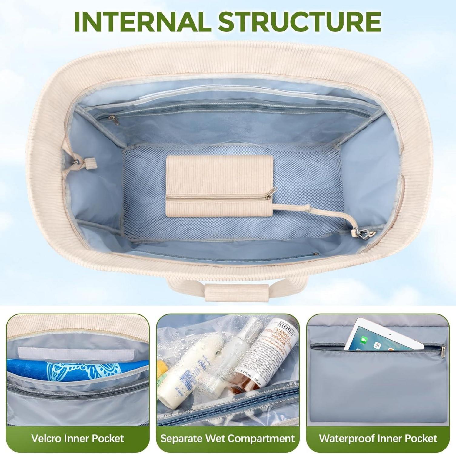 Strandtasche Damen Cord 45L XXL mit Reißverschluss und Fächern