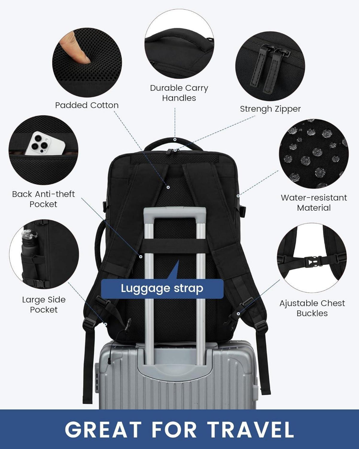 Reiserucksack Handgepäck 45L Laptop Backpack Schwarz
