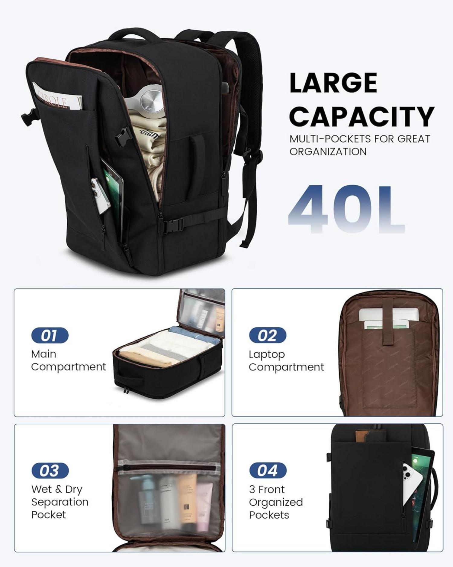 Handgepäck Rucksack 40L Reiserucksack Damen Herren Schwarz