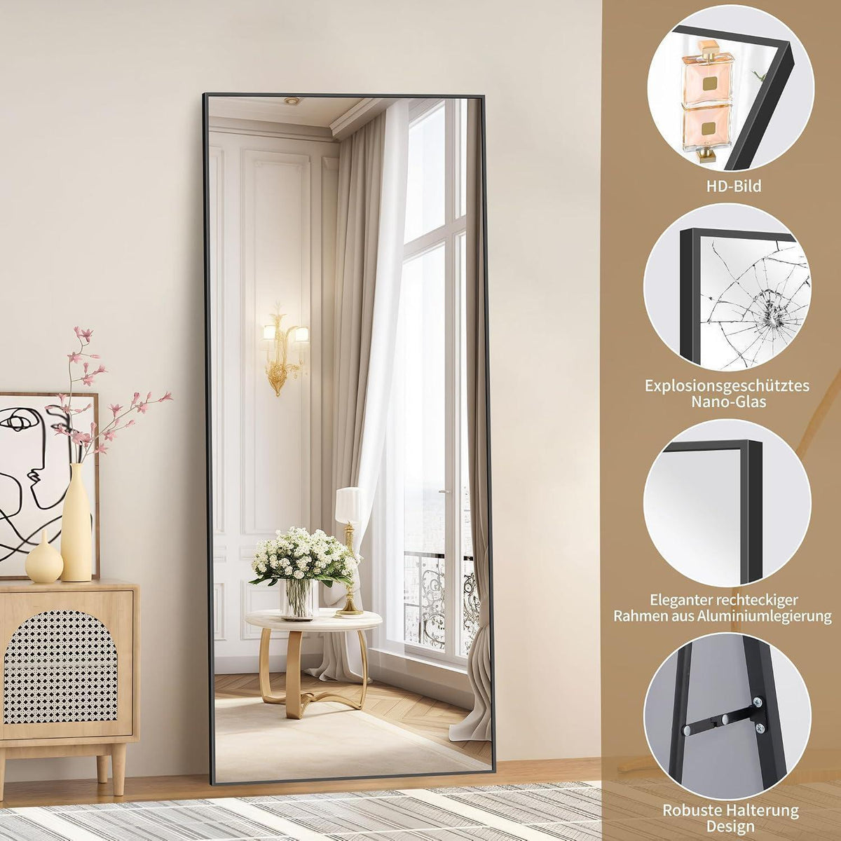 Großer Standspiegel Rechteckig mit Aluminiumrahmen – 179x65cm