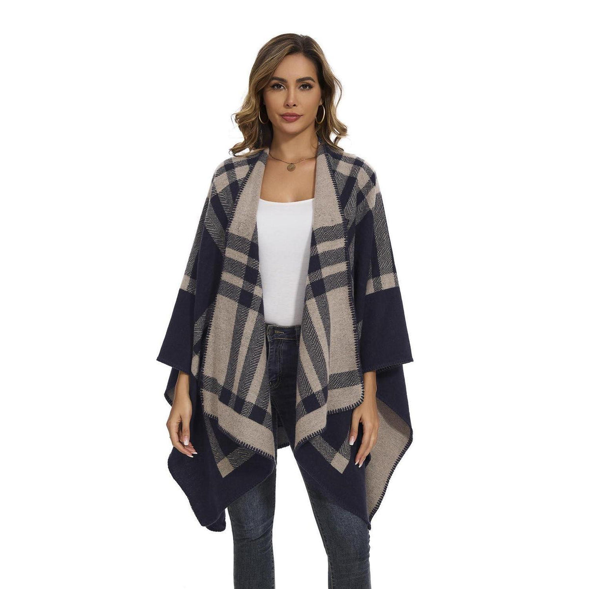 Strickcape Damen Elegant Offen Poncho Schal Decke Cardigan Mantel
