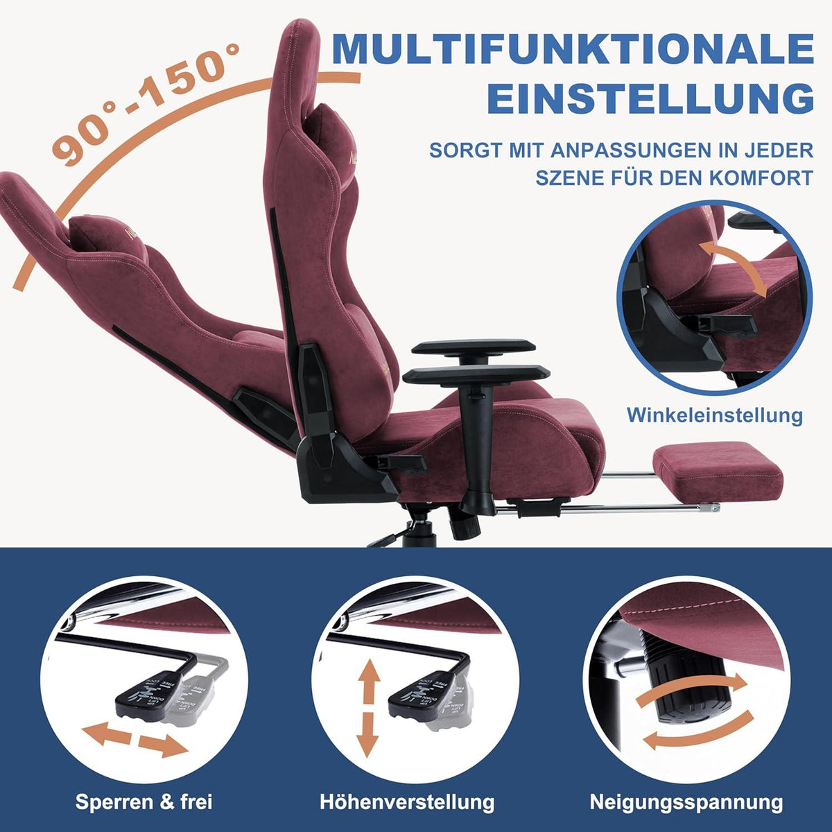 Andyou Gaming Stuhl mit Fußstütze, Ergonomischer PC Stuhl Rot