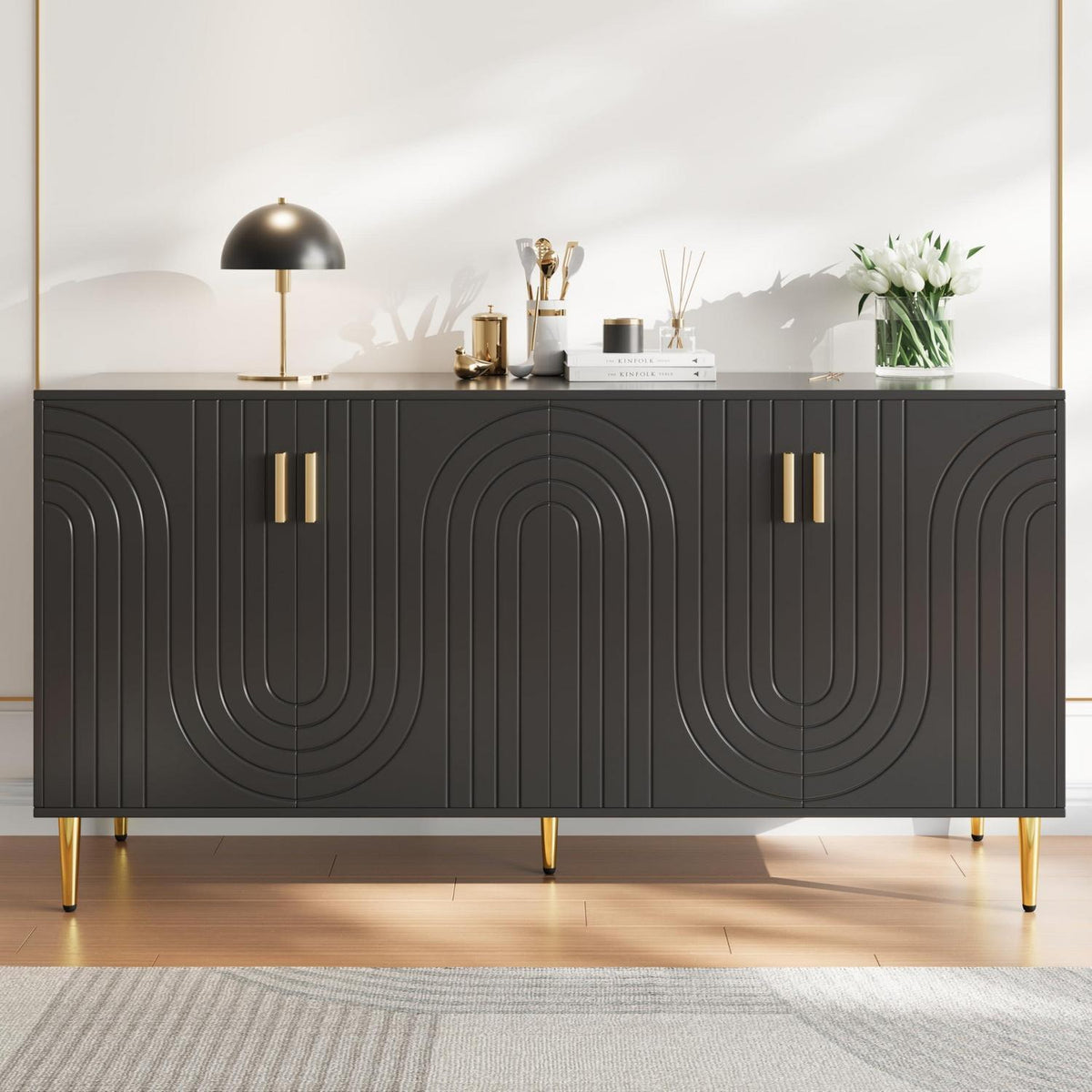 Modernes Sideboard mit 2 Türen & 4 Schubladen (152x40x75cm) Schwarz