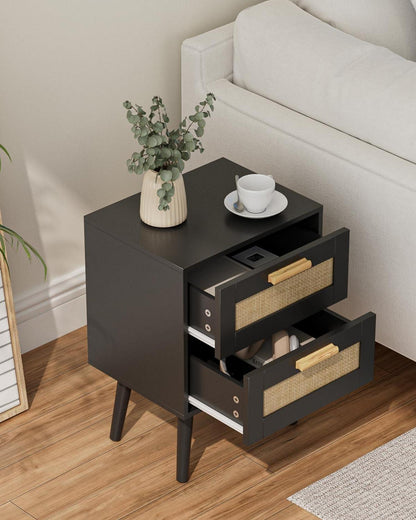 Nachttisch Rattan Beistelltisch Schublade Holz Beine Black Schlafzimmer