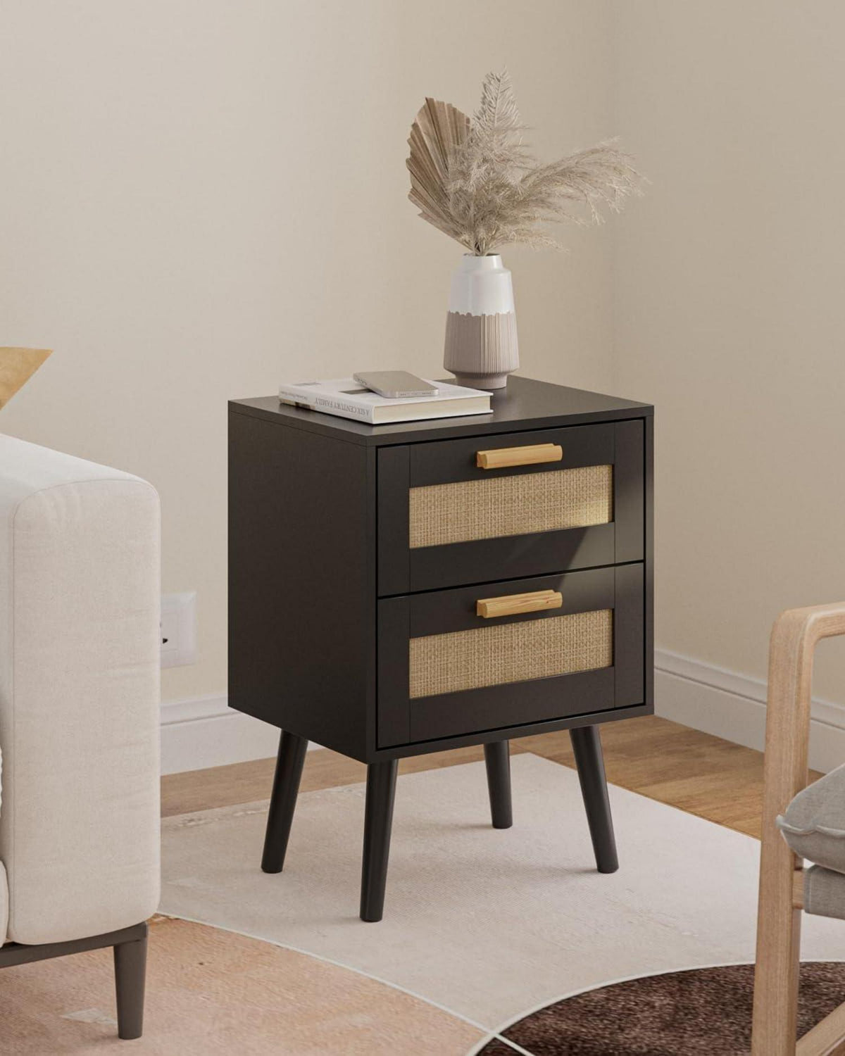 Nachttisch Rattan Beistelltisch Schublade Holzbeine Schwarz