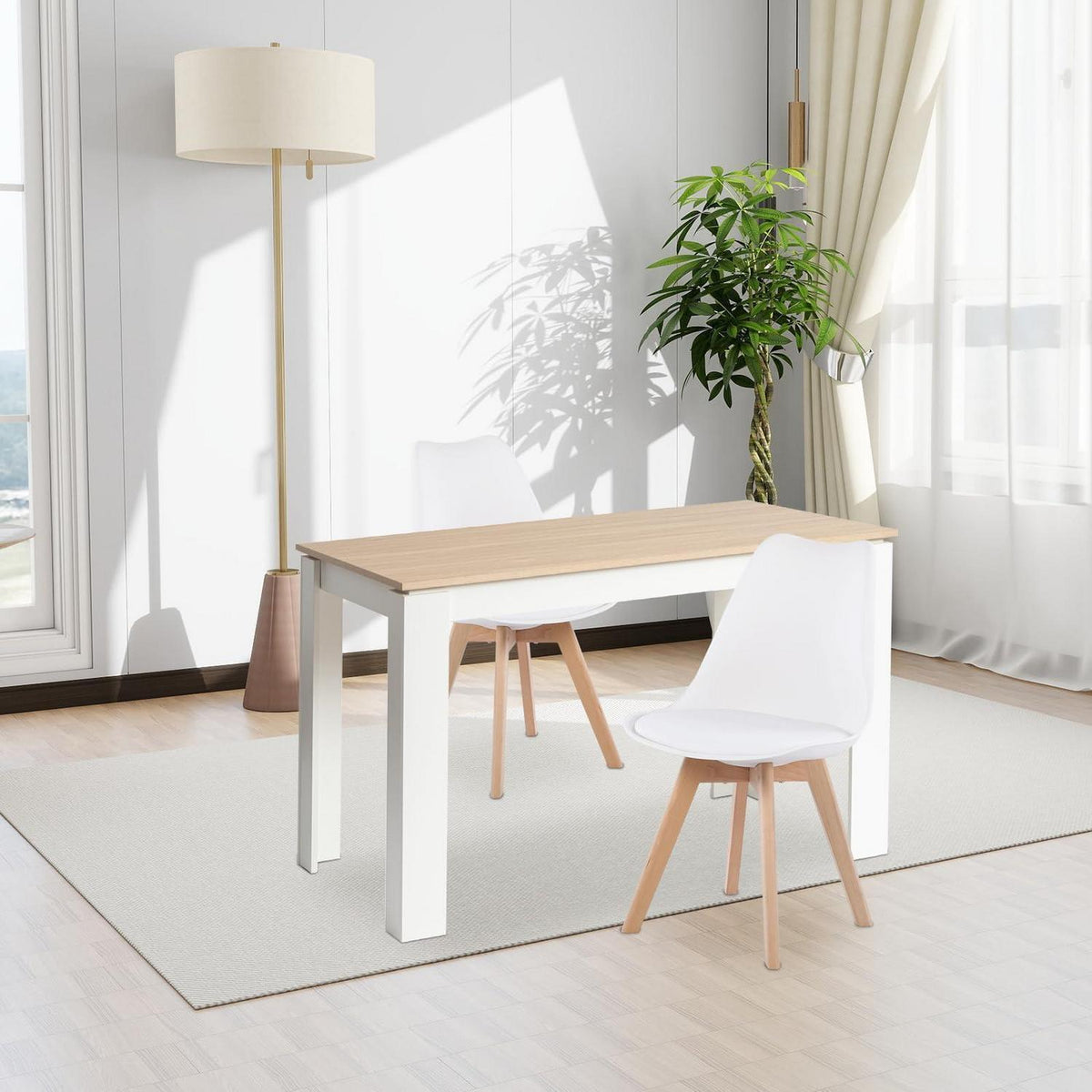 Esszimmergruppe Eiche-Weiß 120cm Tisch + 2 Weiß Stühle