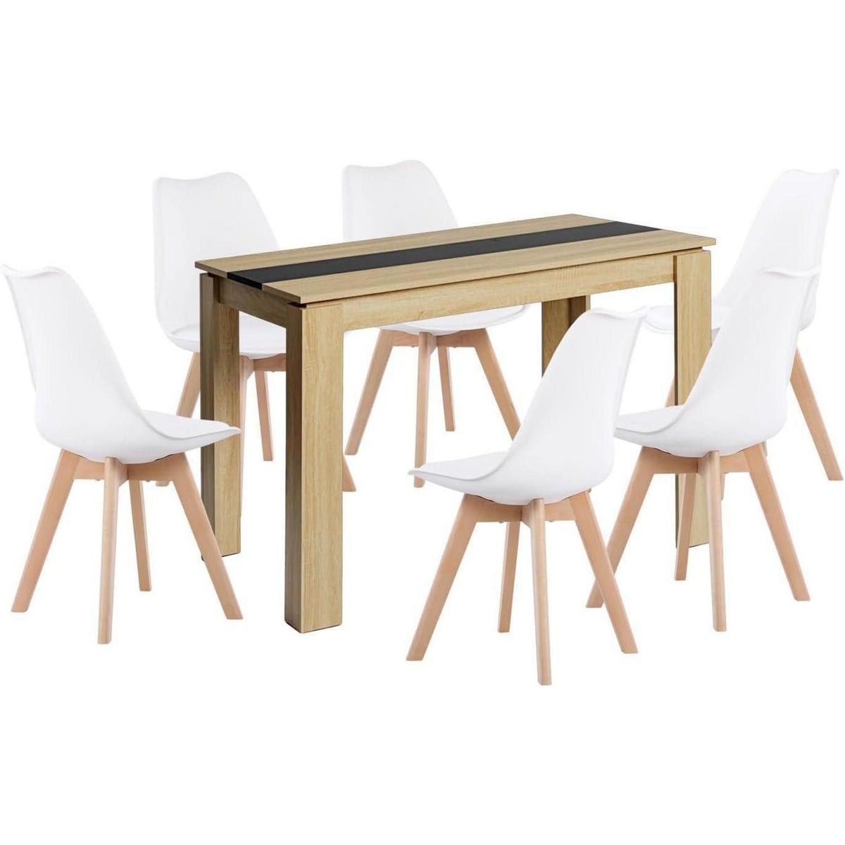 Esszimmergruppe Eiche-Schwarz 110cm mit 6 weißen Stühlen