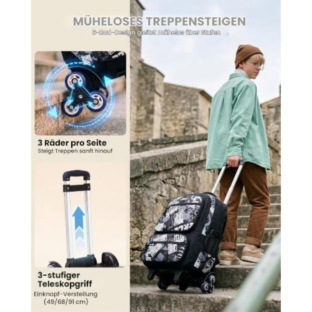 Trolley Schulrucksack Teenager, Abnehmbar, 6 Räder, Schwarz