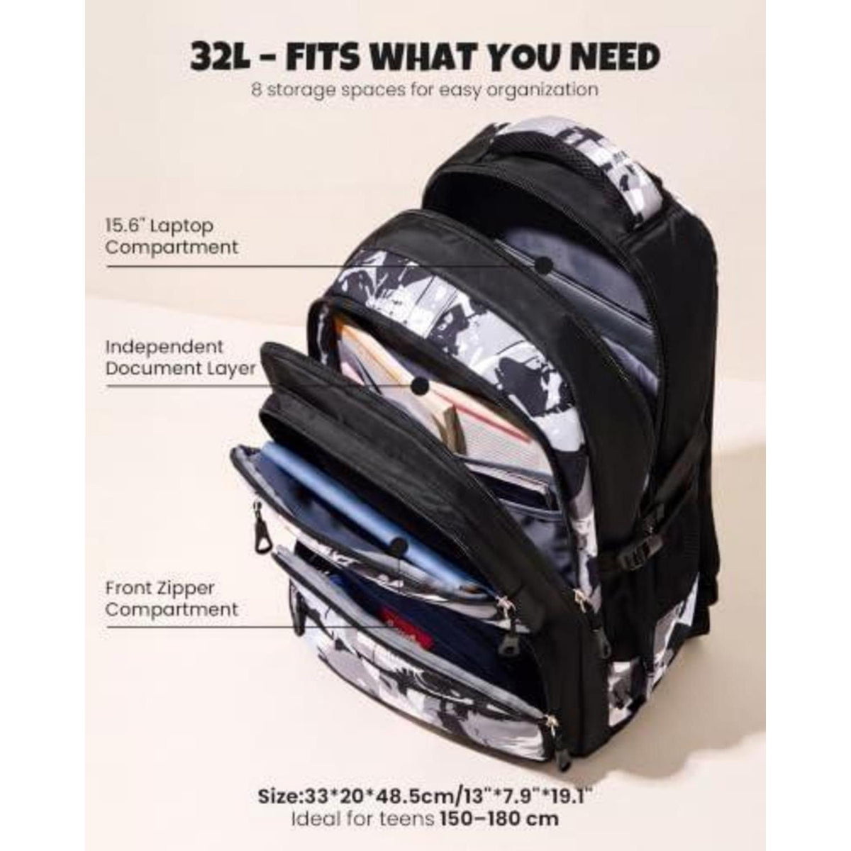 Trolley Schulrucksack Teenager, Abnehmbar, 6 Räder, Schwarz/Grau