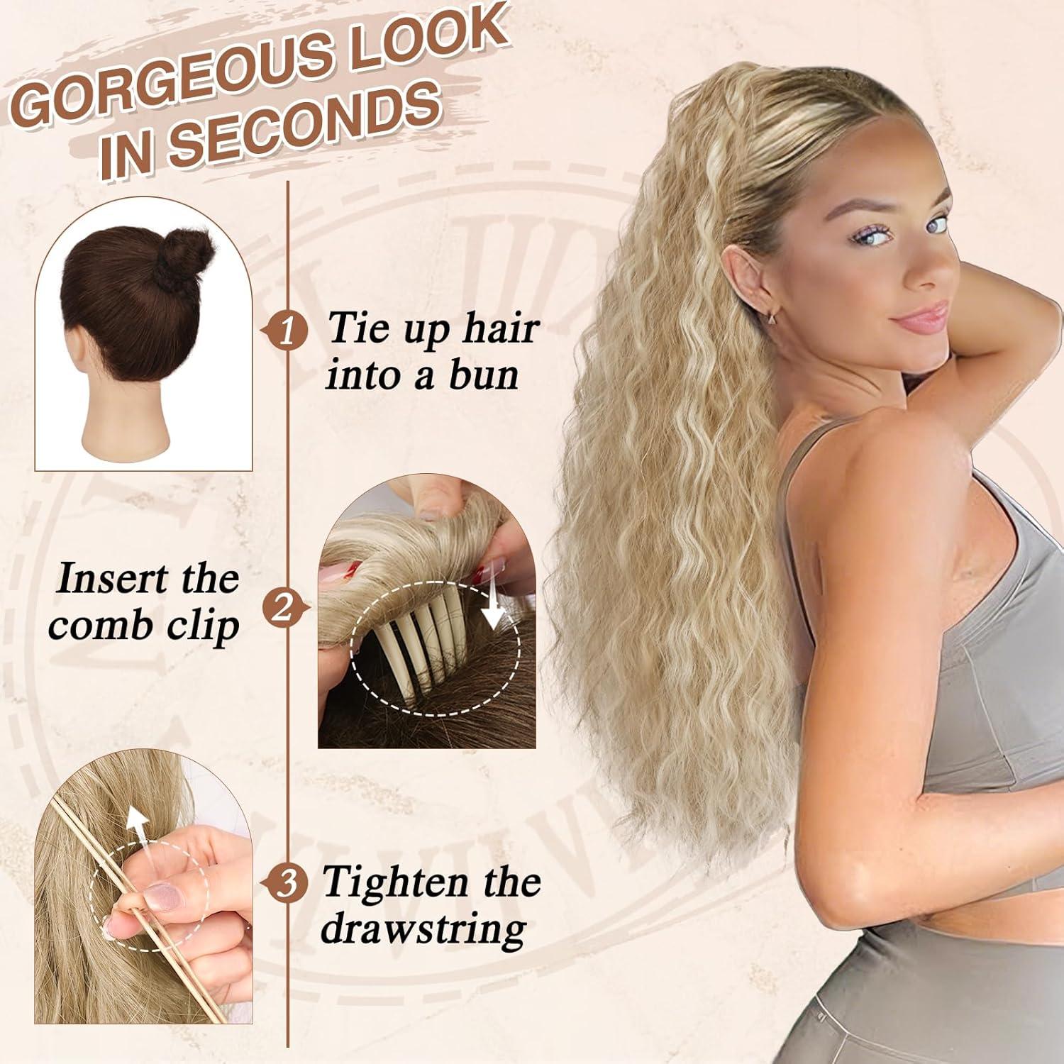 Lockiger 56cm Pferdeschwanz Haarverlängerung für Frauen - Helles Aschblond Gemischt