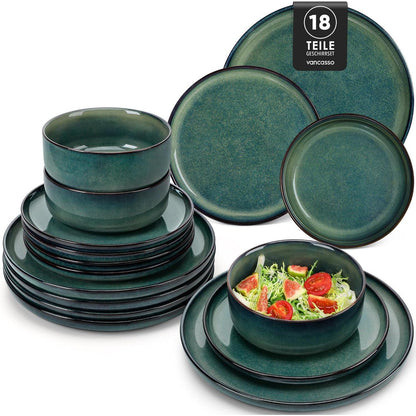 Tafelservice 6 Personen modern, Grün, 18-teilig Steinzeug