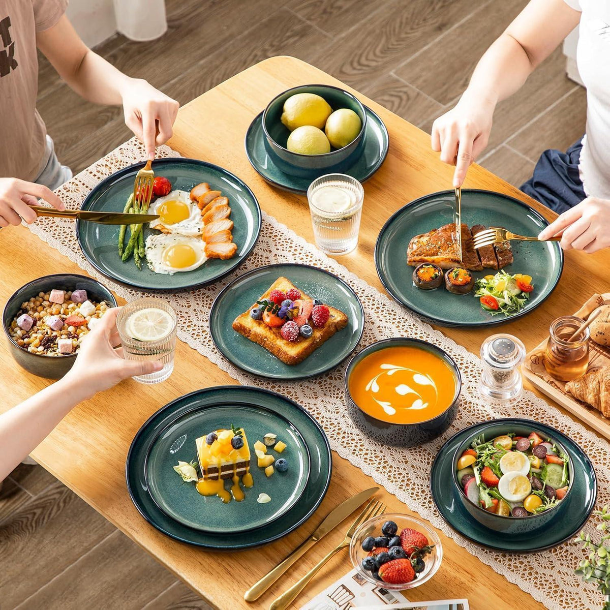 Tafelservice 6 Personen modern, Grün, 18-teilig Steinzeug