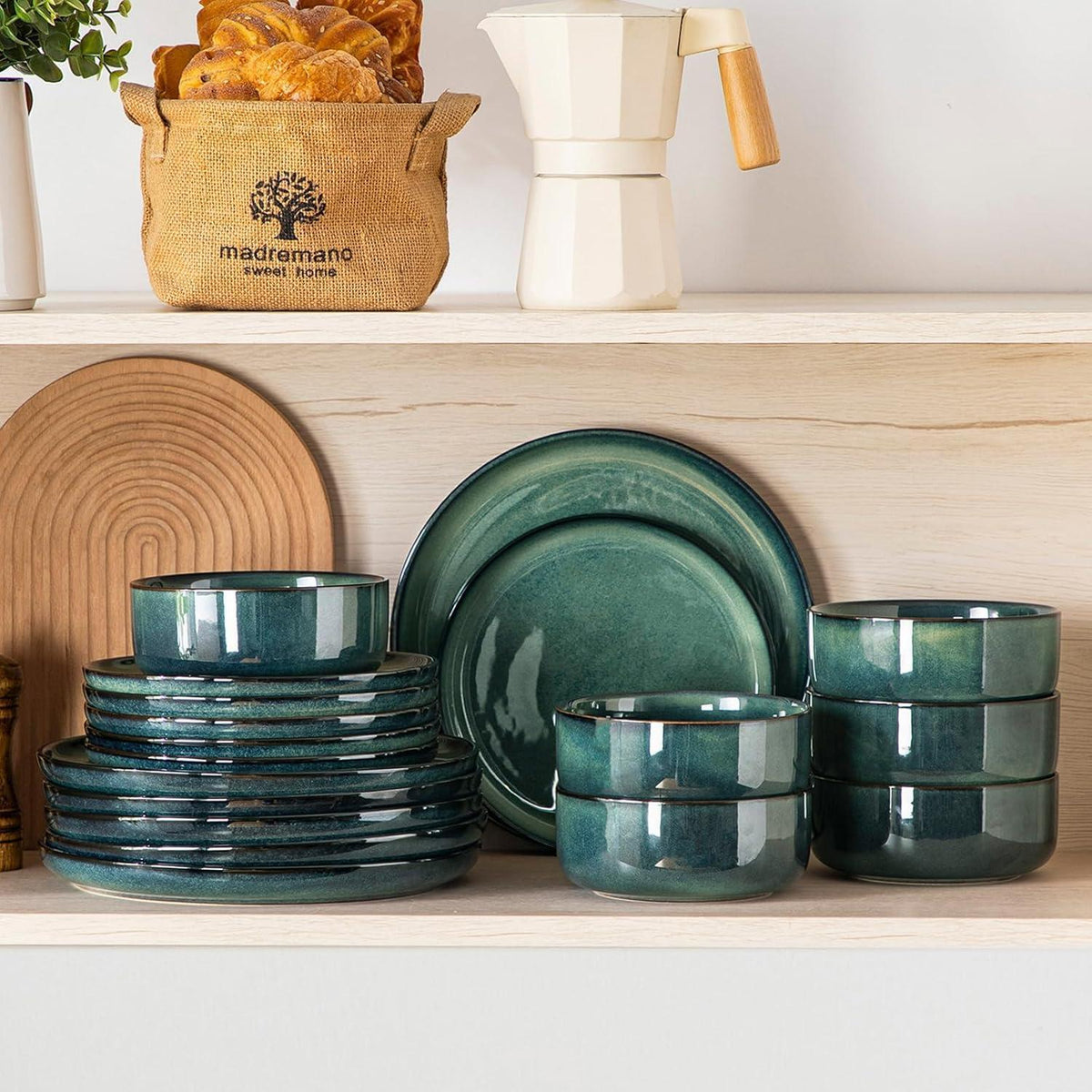 Tafelservice 6 Personen modern, Grün, 18-teilig Steinzeug