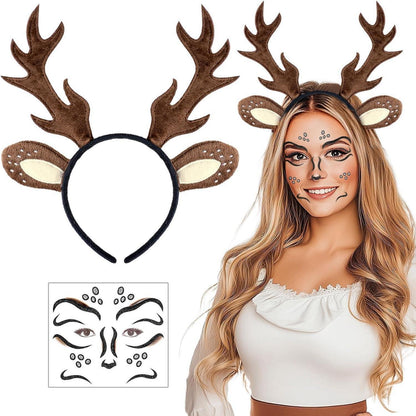 Reh Kostüm Set mit Geweih Haarreif und Gesichtstattoo