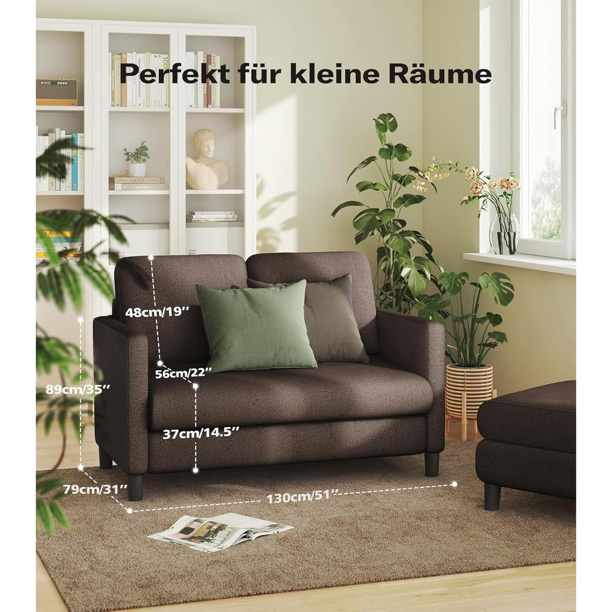 Kleines 2-Sitzer Sofa Braun 130cm – Mini Couch für Jugendzimmer