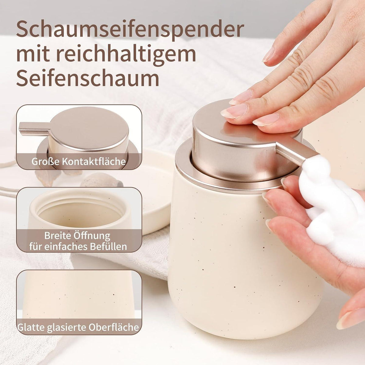 Keramik Badezimmer Set Beige – 3-teilig mit Seifenspender