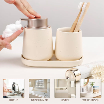 Keramik Badezimmer Set Beige – 3-teilig mit Seifenspender