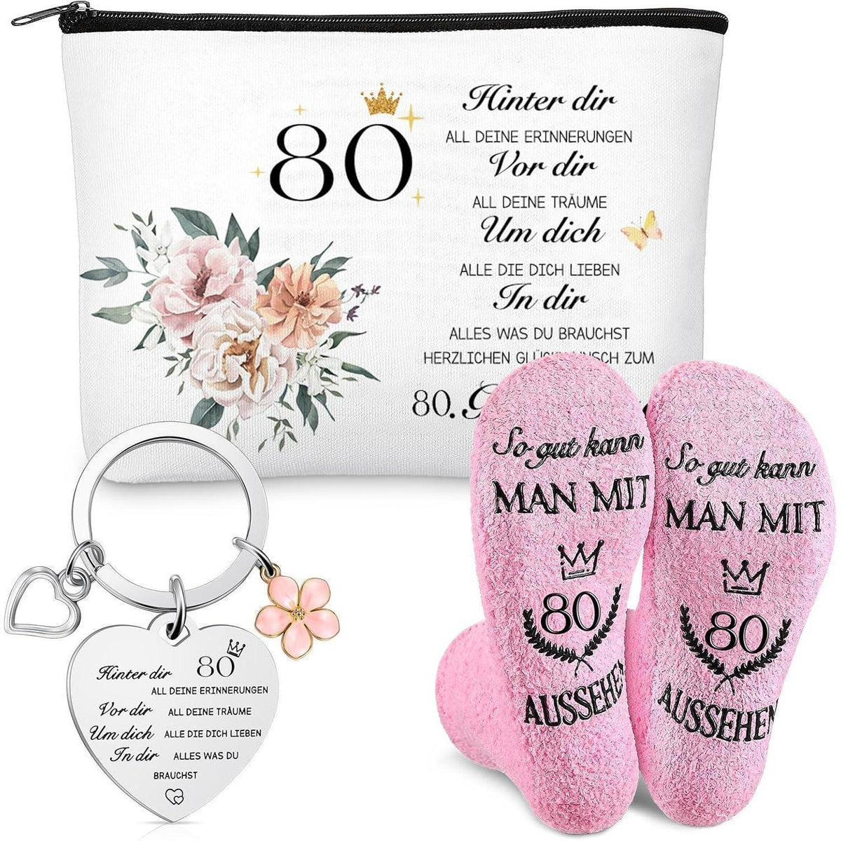 Kosmetiktasche mit Socken & Schlüsselanhänger, 80. Geburtstag Geschenk für Frauen