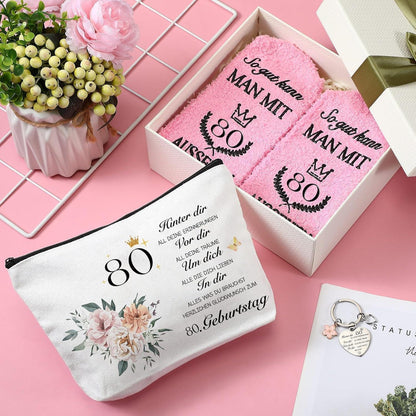 Kosmetiktasche mit Socken & Schlüsselanhänger, 80. Geburtstag Geschenk für Frauen