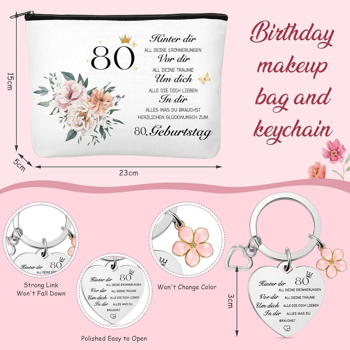 Kosmetiktasche mit Socken & Schlüsselanhänger, 80. Geburtstag Geschenk für Frauen