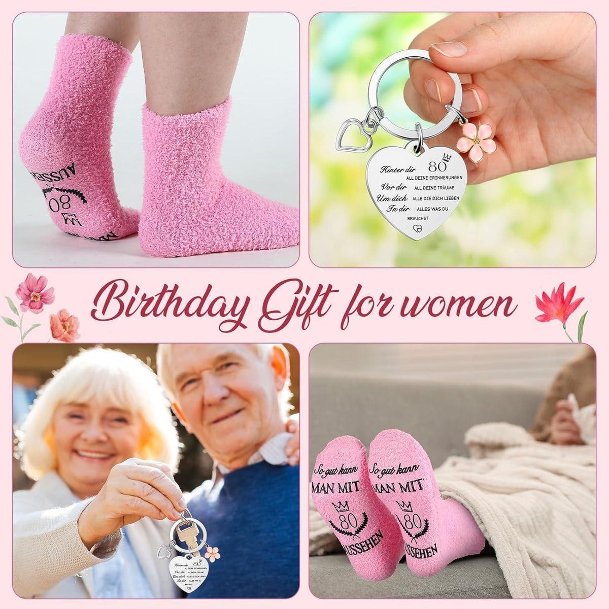 Kosmetiktasche mit Socken & Schlüsselanhänger, 80. Geburtstag Geschenk für Frauen