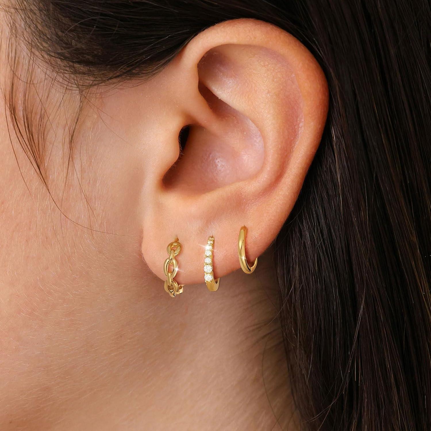 3 Paar Creolen Silber 925 Gold Damen Ohrringe Set 14K Vergoldet Mini