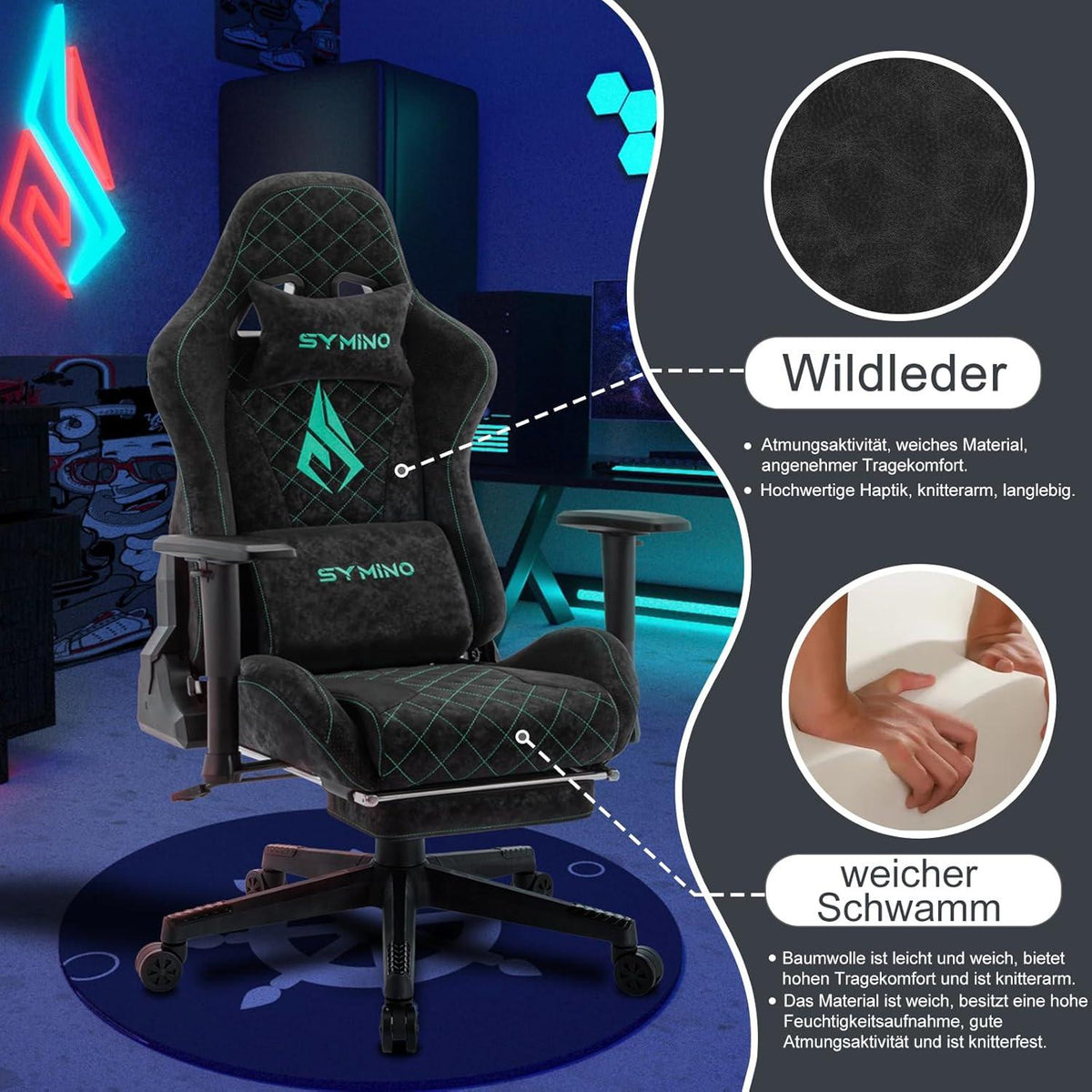 symino Gaming Stuhl Vintage-PU-Leder Fußstütze Schwarz