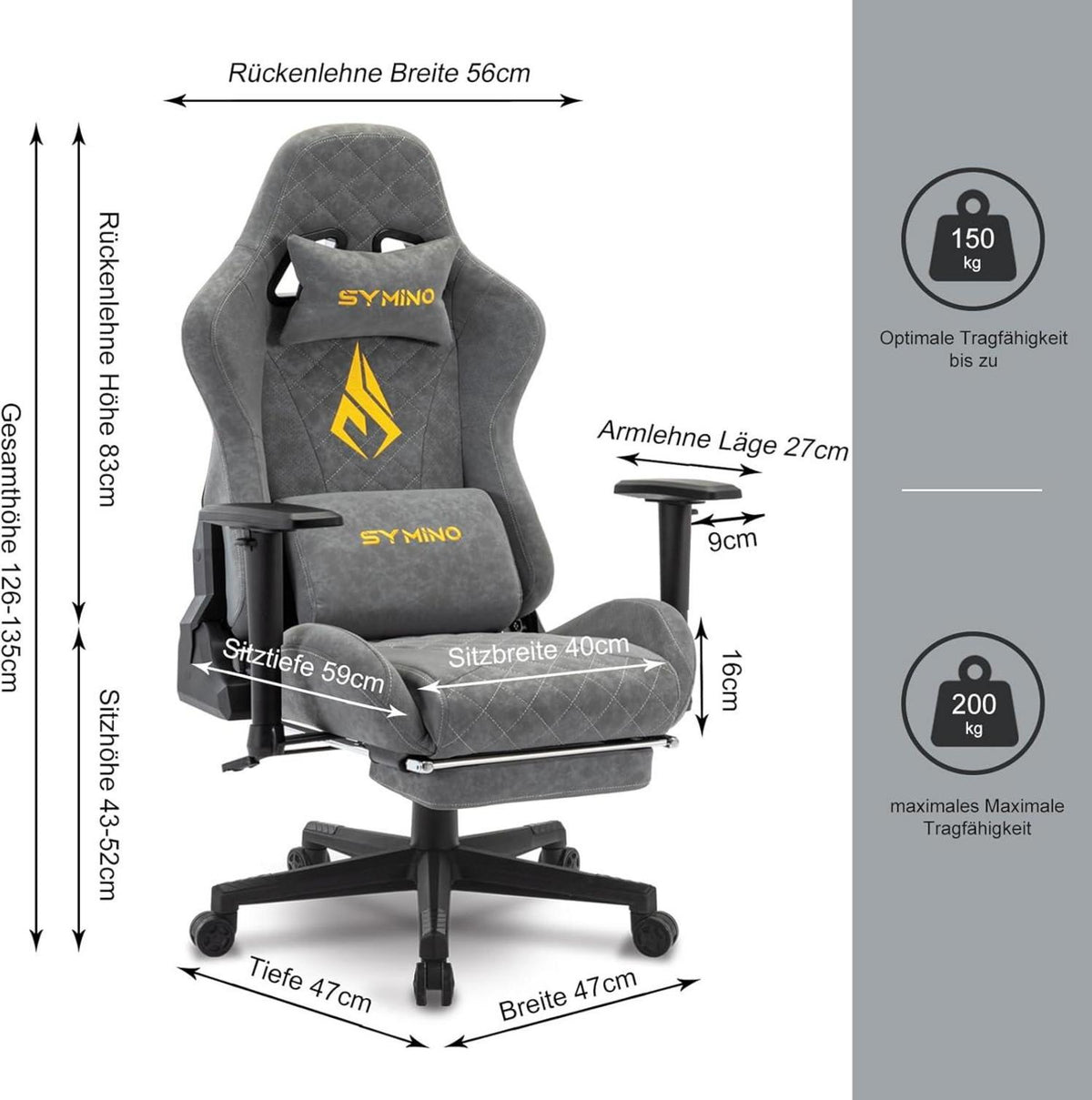Gaming Stuhl Ergonomischer Rennstuhl-Design Vintage-PU-Leder Grau