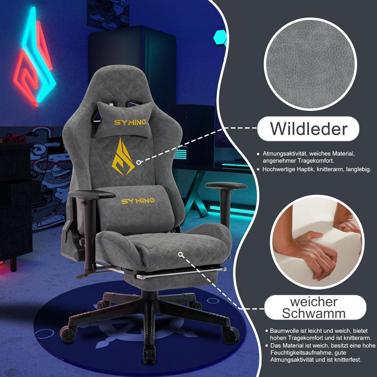 Symino Gaming Stuhl Vintage-PU-Leder Grau mit Fußstütze