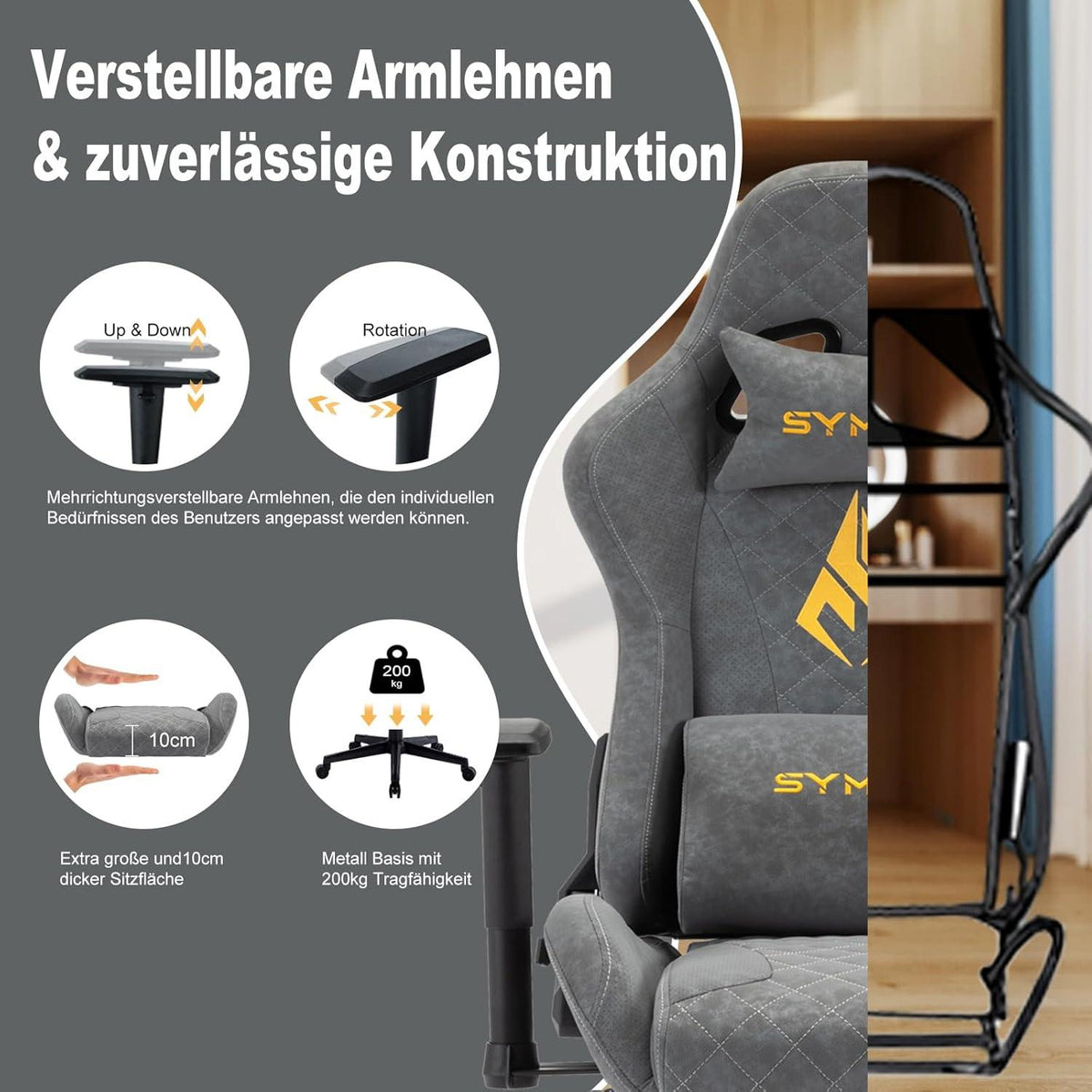 Gaming Stuhl Vintage-PU-Leder Rennstuhl-Design Grau mit Fußstütze