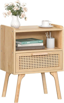 Nachttisch Rattan Boho mit Schublade und Regal Massivholz