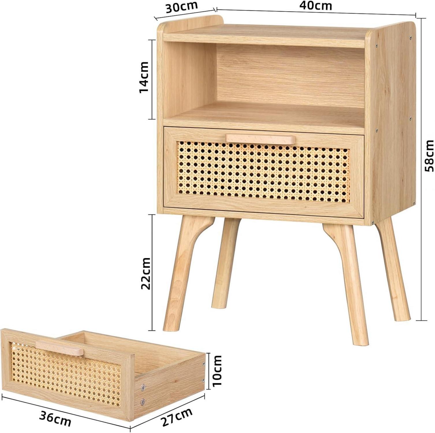 Nachttisch Rattan Boho mit Schublade und Regal Massivholz