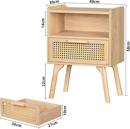 Nachttisch Rattan Boho mit Schublade und Regal Massivholz