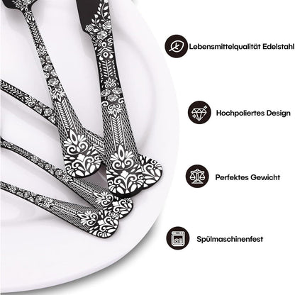 30-teiliges Besteckset Schwarz für 6 Personen, Edelstahl, Blumenmuster