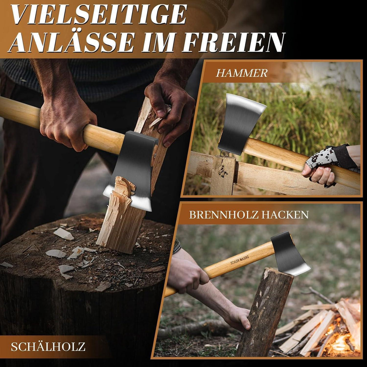 Spaltaxt aus geschmiedetem Stahl mit Holzgriff für Camping und Outdoor