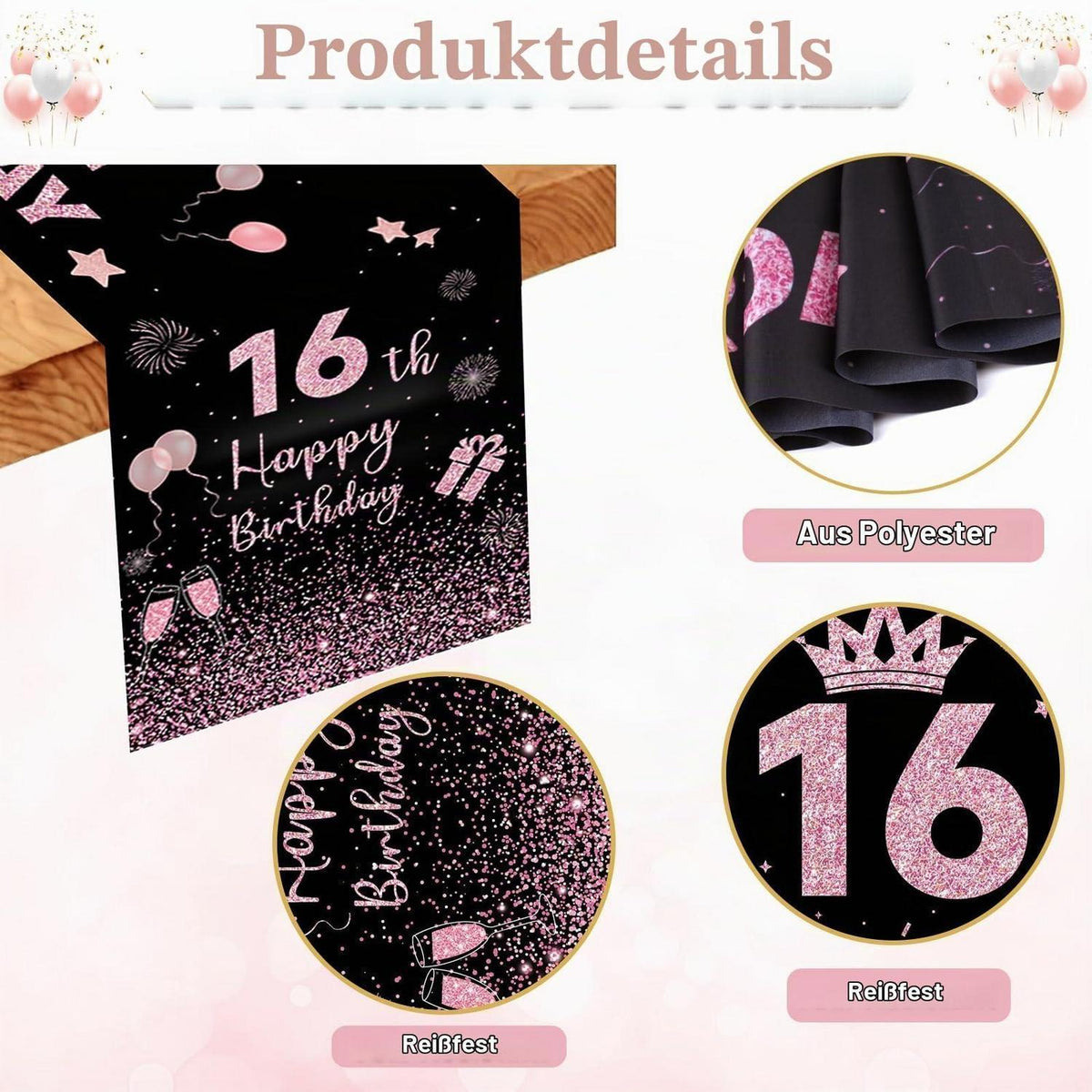 Tischläufer 16 Geburtstag Schwarz-Rosa – Leinenoptik