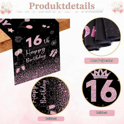 Tischläufer 16 Geburtstag Schwarz-Rosa – Leinenoptik