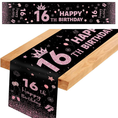 Tischläufer 16 Geburtstag Schwarz-Rosa – Leinenoptik