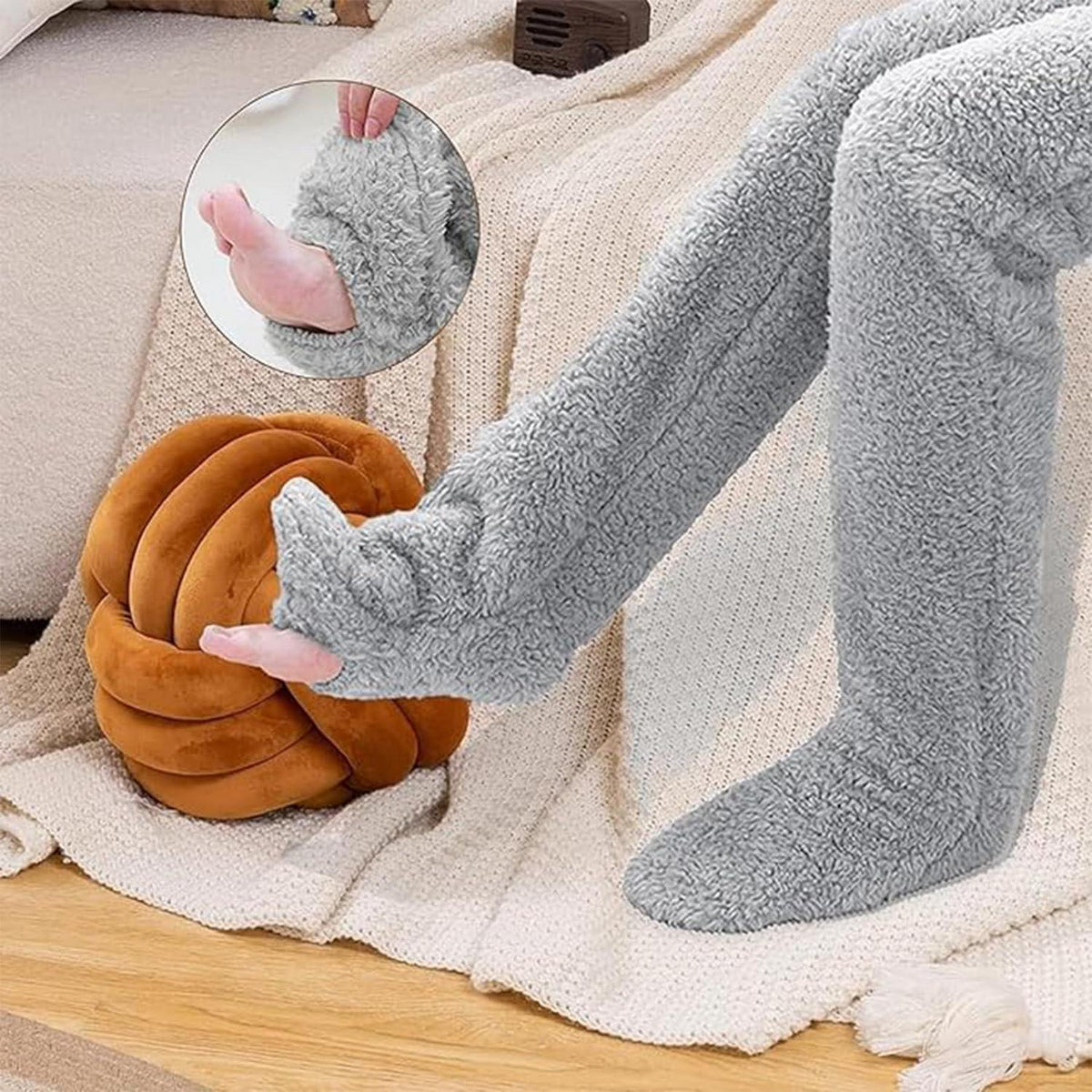 Kuschelsocken Overknee Damen hellgrau Plüsch warm