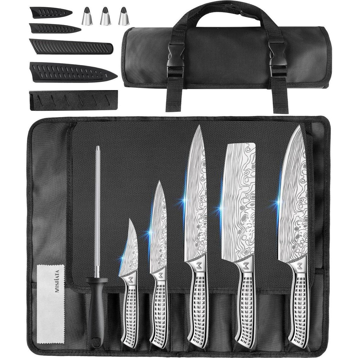 10-teiliges Küchenmesser-Set aus Edelstahl mit Tasche & Wetzstahl