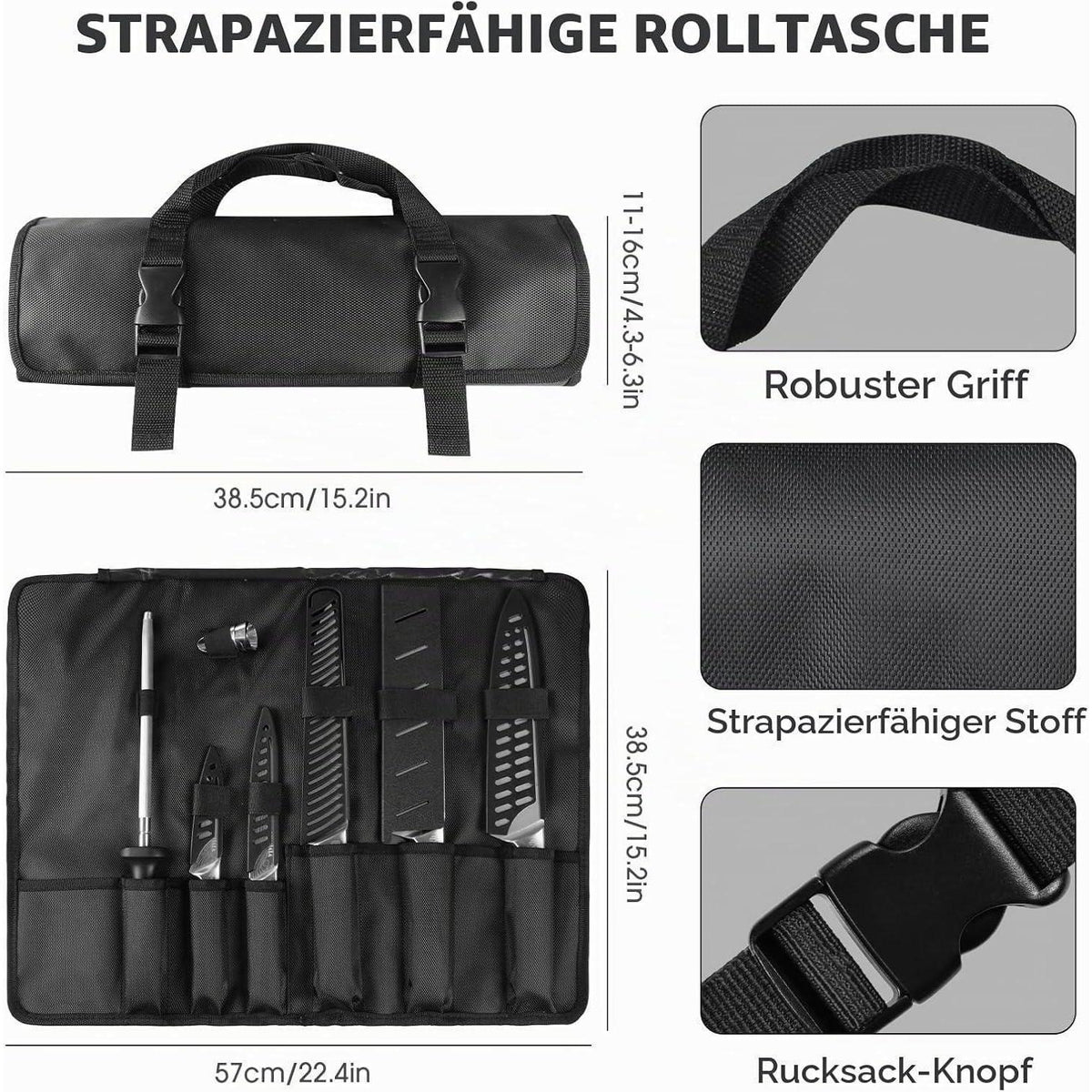 10-teiliges Küchenmesser-Set aus Edelstahl mit Tasche & Wetzstahl