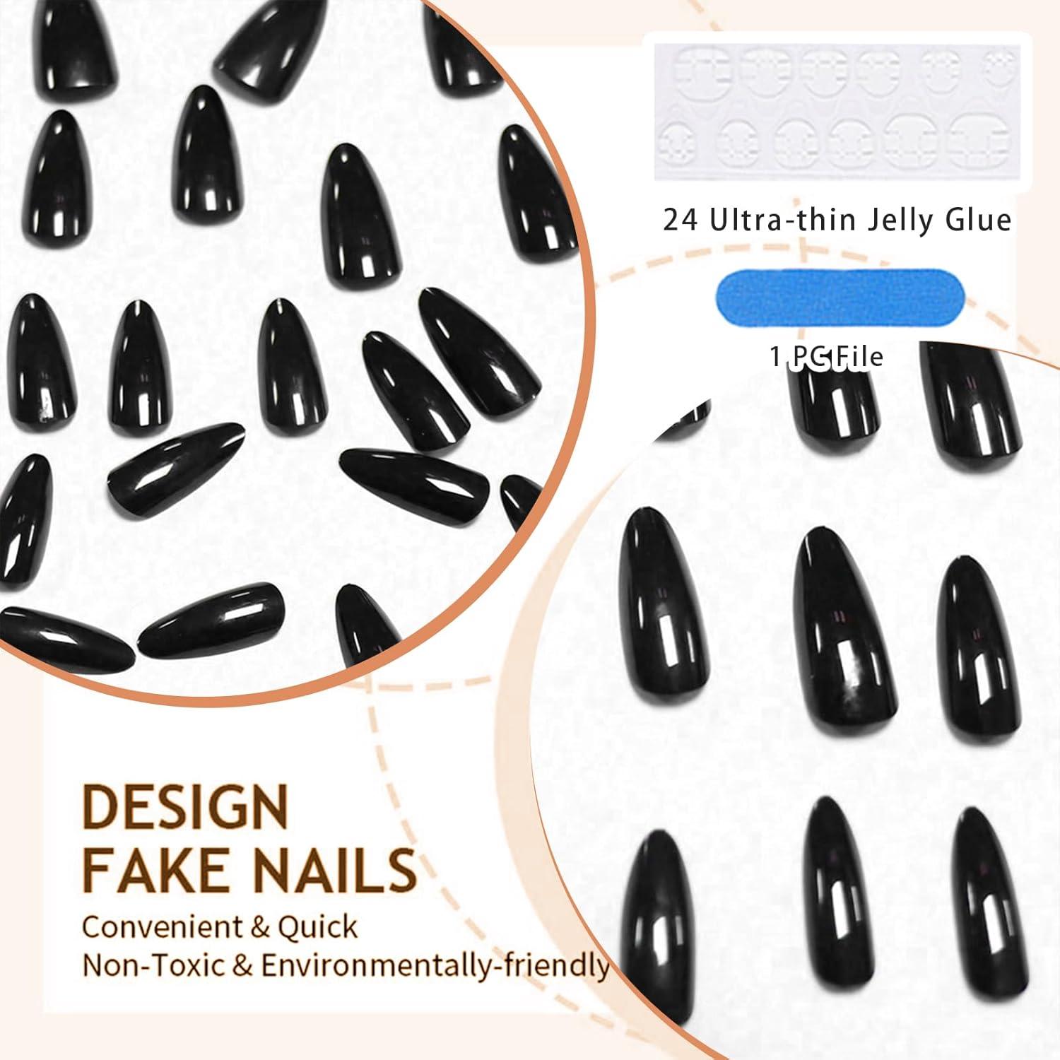 Schwarze Mandel Falsche Nägel Set - 24 Stück Mittellange Press On