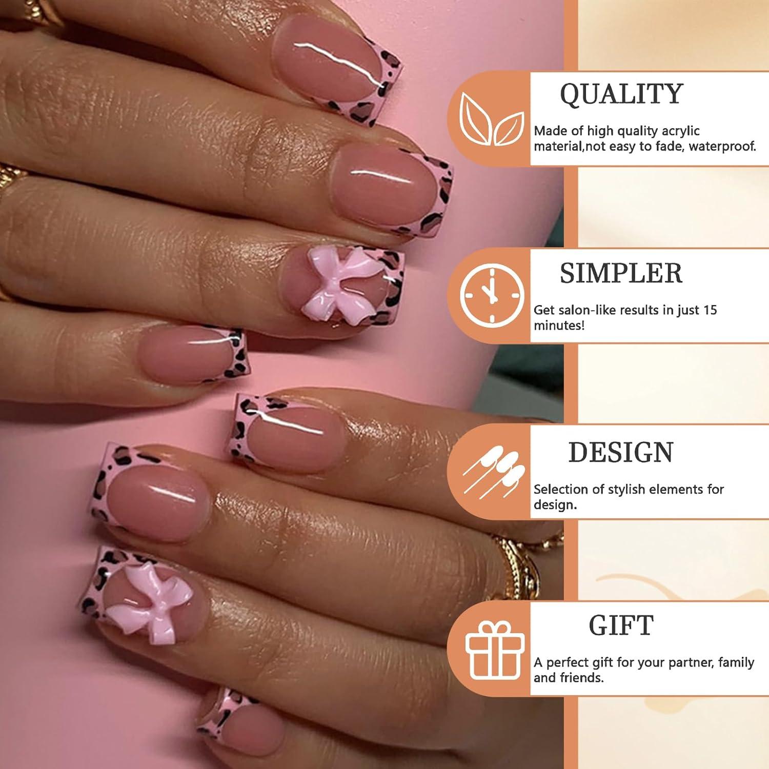 Leopard French Tip Falsche Nägel 24 Stk Pink Glänzend Cute quadratisch