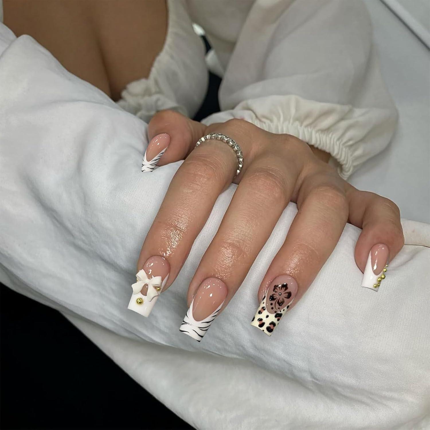 24er Set Hochwertige Weiße French Fake Nails Press on Nails Akryl