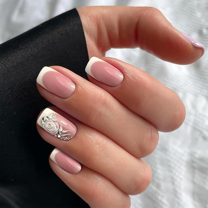 24 Stück Weiße Französische Druck Nägel mit Rose & Strasssteinen