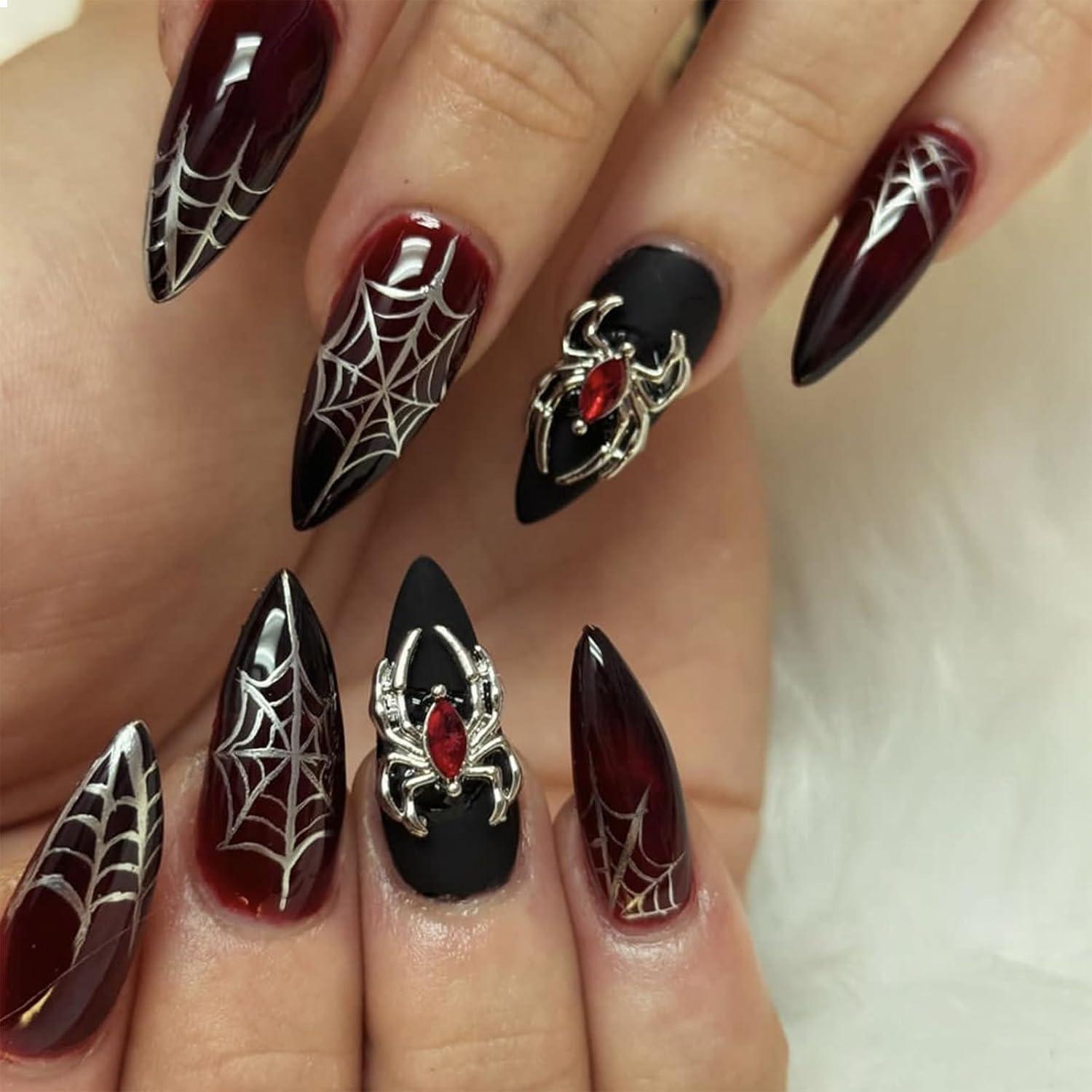 24-tlg. Press on Nails Spinnen Charms Rot Gradient Acryl Nagel Set