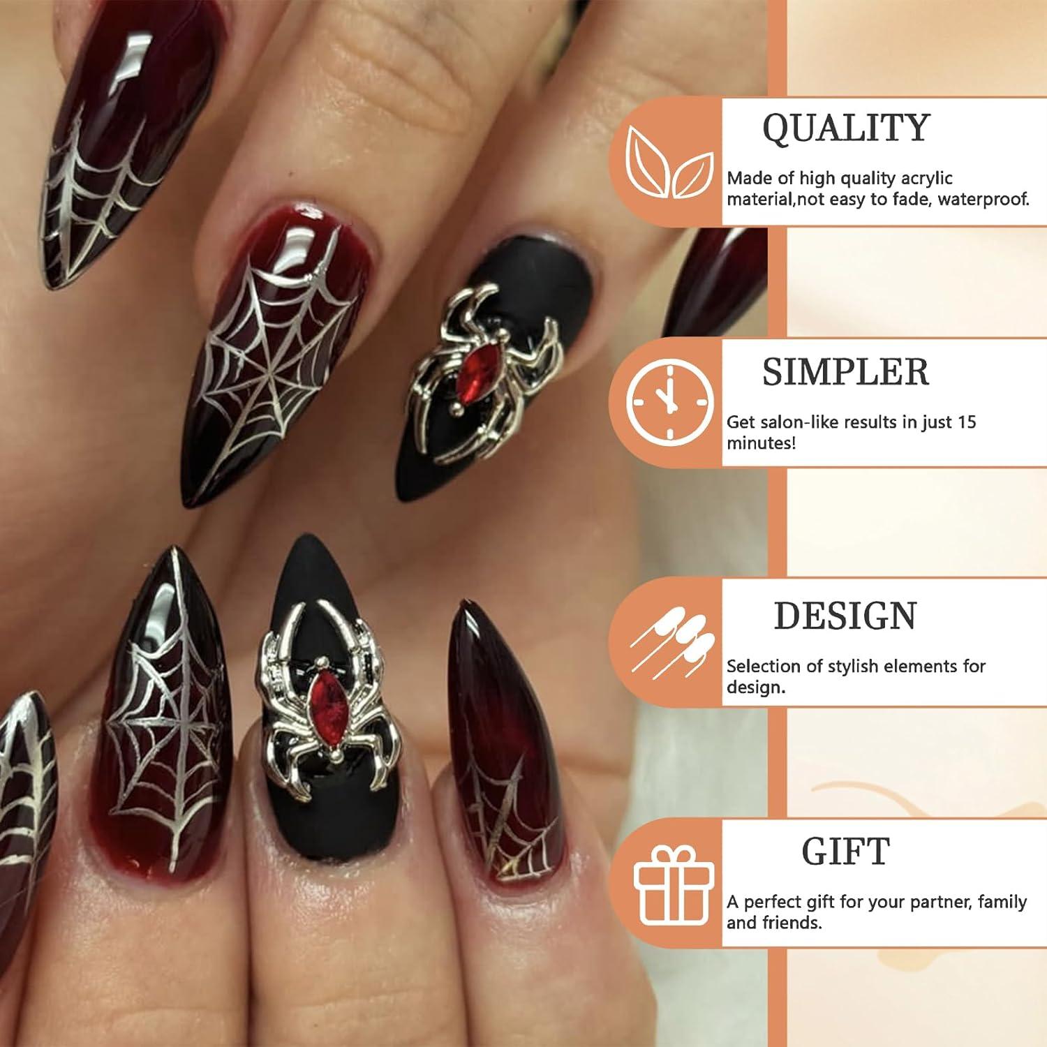 24 Stück Press on Nails Mittel Mandel Schwarz Matt Acryl Nagel Glänzend mit Spinnennetz-Design